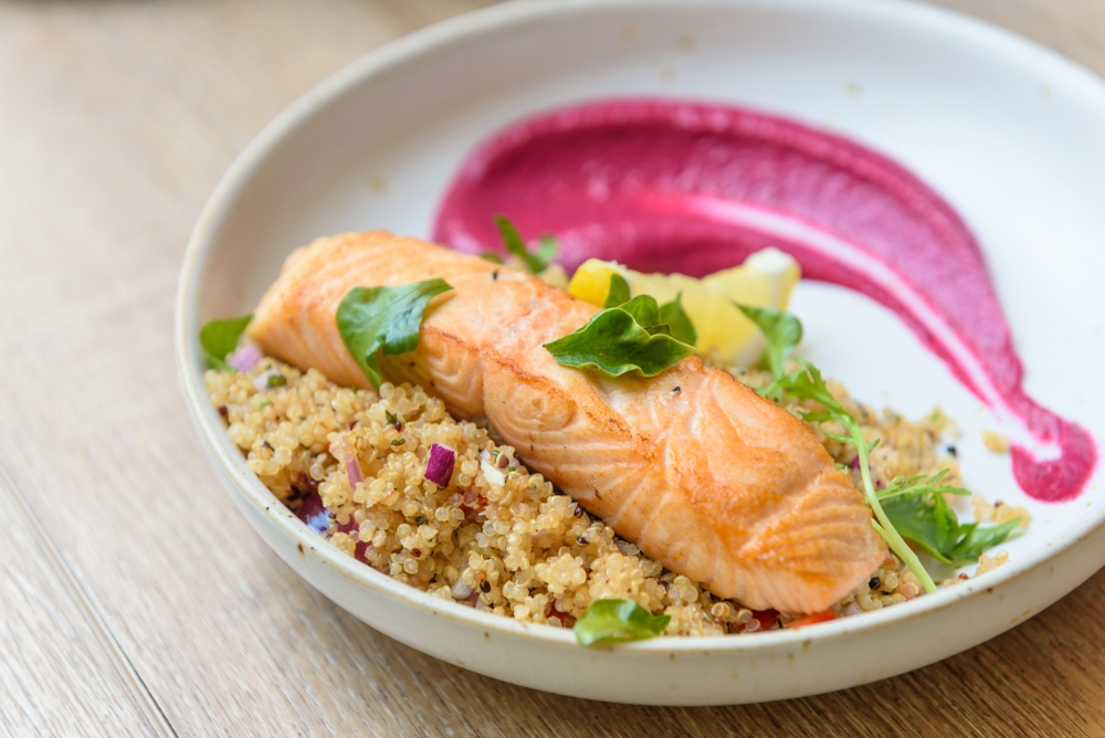 /></figure> <p><strong>Why it’s good:</strong> Salmon is rich in omega-3 fatty acids, offering anti-inflammatory benefits that are crucial for heart health. Quinoa Pulao provides a nutty flavor paired with the complete proteins of quinoa, while steamed palak is high in vitamins C and K, and contains cancer-fighting compounds like sulforaphane.</p> <hr class=